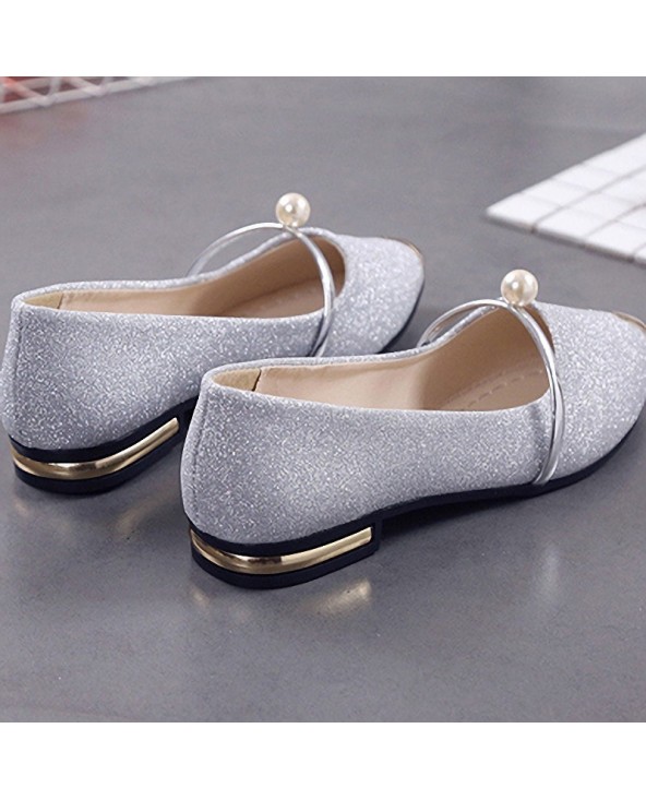 Womens Flat Shoes - Pointed Toes / Pearl Feature / Gold Toe / Cross Bar ...