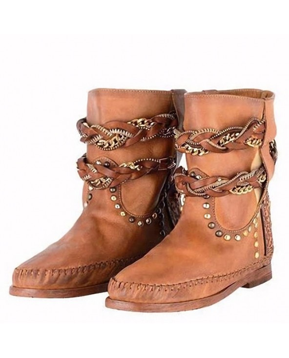 Women's Western Style Moccasin Boots - Braided Leather Accent ...